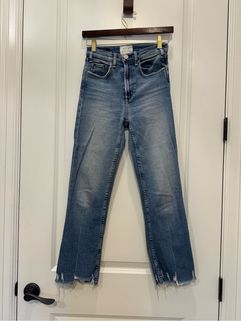 McGuire Denim Washed Blue Cropped Straight Jeans with Frayed Hem